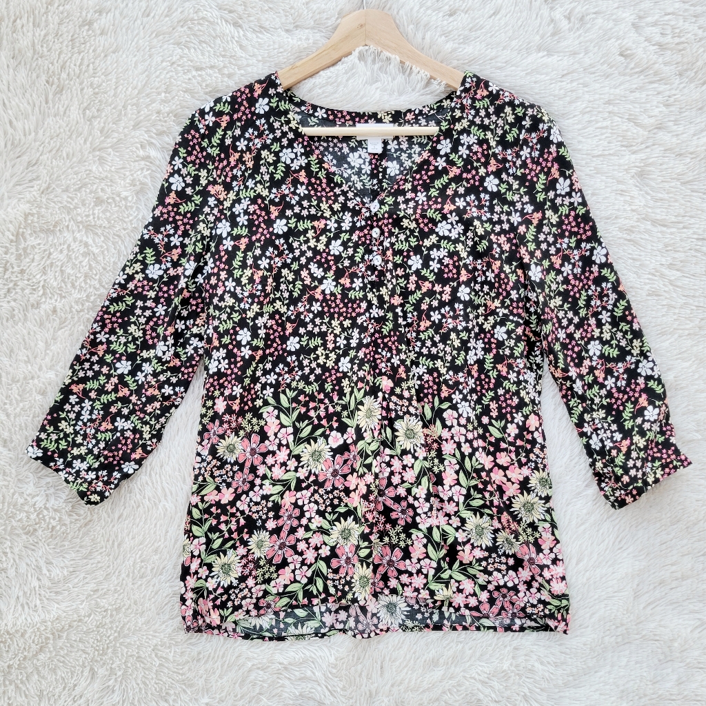 J. Jill Black Floral V-Neck Blouse